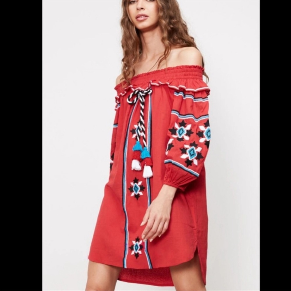Misa Los Angeles Red Off the Shoulder Embroidered Dress